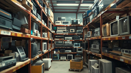 electronics items stored on shelves in a warehouse
