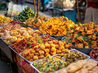 Obraz premium Street vendors selling local delicacies, vibrant and flavorful, Urban, Bright hues, Photograph, Urban cuisine