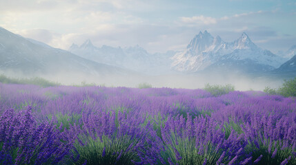 Obraz premium A misty mountain valley blanketed in fields of the soft purple flowers swaying in the breeze, with snow-capped peaks