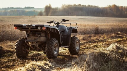 Fototapeta premium Black ATV parked in a field with a forest in the background