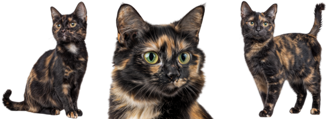Collection of a Tortoiseshell Cat Isolated on a Transparent Background, Sitting, Portrait and Standing