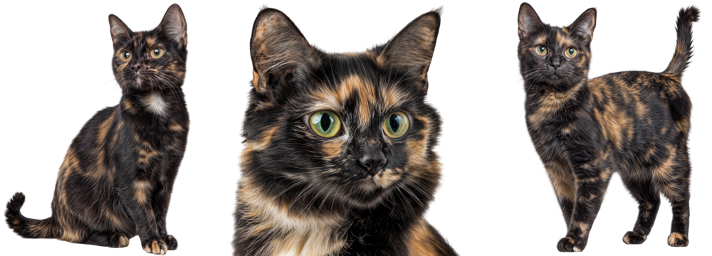 Collection of a Tortoiseshell Cat Isolated on a Transparent Background, Sitting, Portrait and Standing