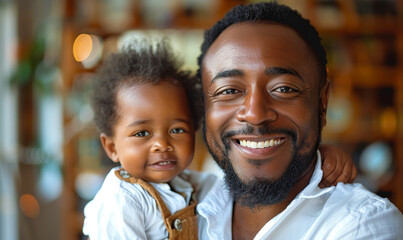 Cheerful African American Father Holding Smiling Baby Son in Warm Indoor Setting, Daytime, Capturing Joyful Bond and Family Love