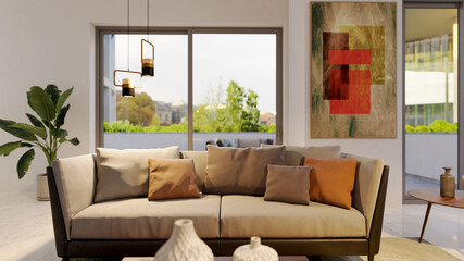 Large luxury modern bright interiors room mockup illustration 3D rendering image