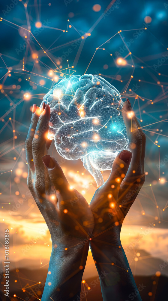Aufkleber female hands holding digital brain with neural network connections during sunset illustrating artifi