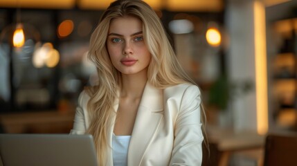 Fototapeta premium A focused young woman in a modern office setting, working diligently on her laptop while exuding a professional and determined attitude. 