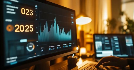 A laptop screen displaying an upward-trending bar graph with "2025" and another arrow pointing upwards, representing business growth in the next year. Generative ai.