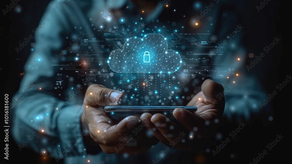 Poster A businessman using cloud technology for data transfer and storage. touching a virtual screen with an upward-pointing arrow, holding a smartphone with an icon for a digital online service connection.