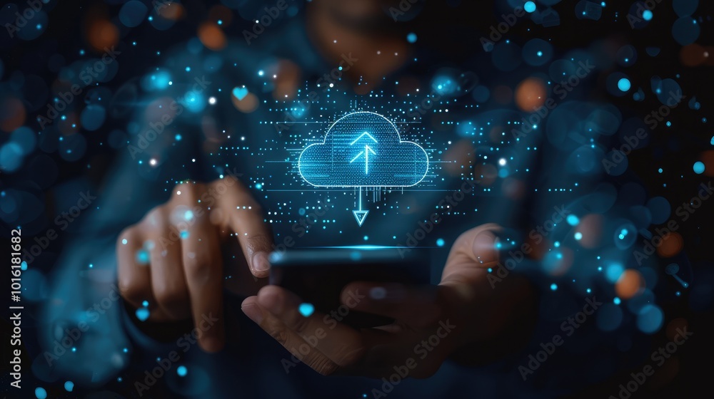 Poster A businessman using cloud technology for data transfer and storage. touching a virtual screen with an upward-pointing arrow, holding a smartphone with an icon for a digital online service connection.
