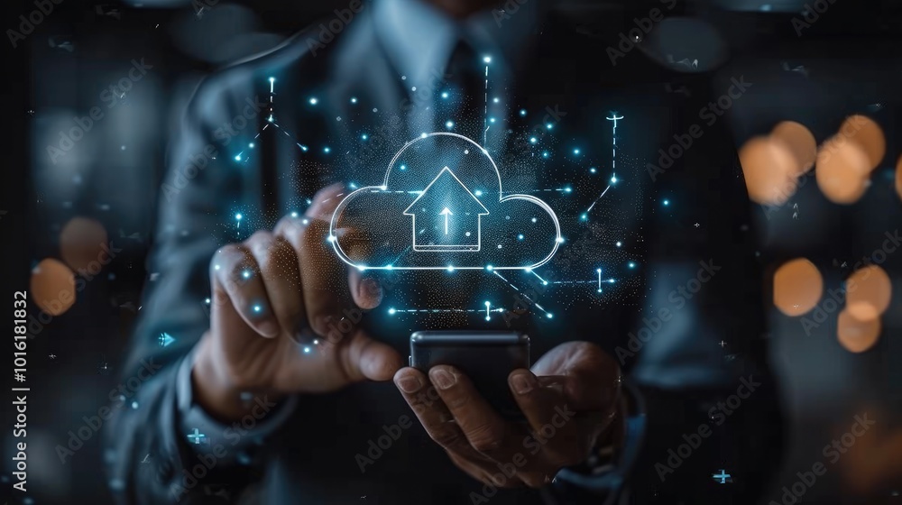 Poster A businessman using cloud technology for data transfer and storage. touching a virtual screen with an upward-pointing arrow, holding a smartphone with an icon for a digital online service connection.