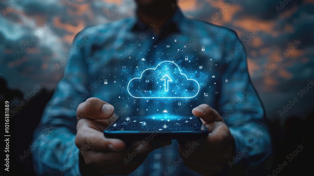 Poster A businessman using cloud technology for data transfer and storage. touching a virtual screen with an upward-pointing arrow, holding a smartphone with an icon for a digital online service connection.