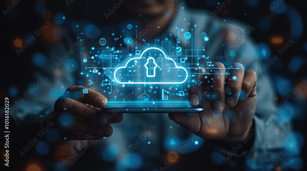 Aufkleber A businessman using cloud technology for data transfer and storage. touching a virtual screen with an upward-pointing arrow, holding a smartphone with an icon for a digital online service connection.