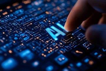 An AI-powered intelligent system with the letters "AI" and various law-related icons floating in front of it, on an office desk, close-up shot of hands typing on a keyboard. Generative ai.