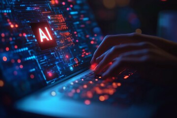 An AI-powered intelligent system with the letters "AI" and various law-related icons floating in front of it, on an office desk, close-up shot of hands typing on a keyboard. Generative ai.