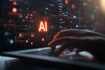 An AI-powered intelligent system with the letters "AI" and various law-related icons floating in front of it, on an office desk, close-up shot of hands typing on a keyboard. Generative ai.