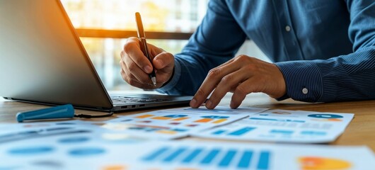 Photorealistic ai artwork of a man's hands working on documents and blueprints. Generative ai.