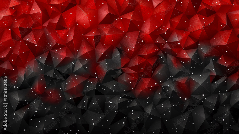 Poster red and black geometric abstract pattern with white specks..
