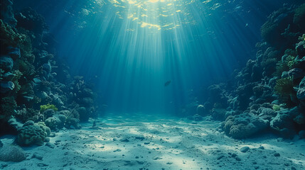 Fototapeta premium Sunlight Rays Illuminating a Serene Underwater Coral Scene..