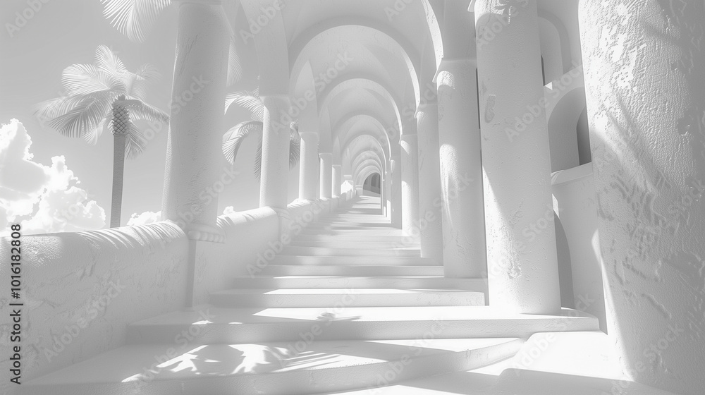 Poster sunlit arched corridor with palm shadows in monochrome..