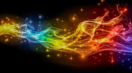 Vibrant Flowing Rainbow Light Waves with Sparkling Stars..