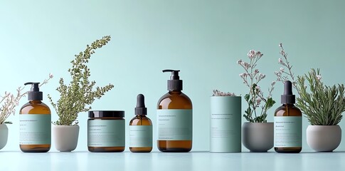 A set of amber glass bottles and jars with minimalist labels and blank space for branding.  The bottles and jars are arranged on a table with potted plants beside them.