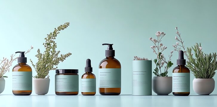 A set of amber glass bottles and jars with minimalist labels and blank space for branding.  The bottles and jars are arranged on a table with potted plants beside them.
