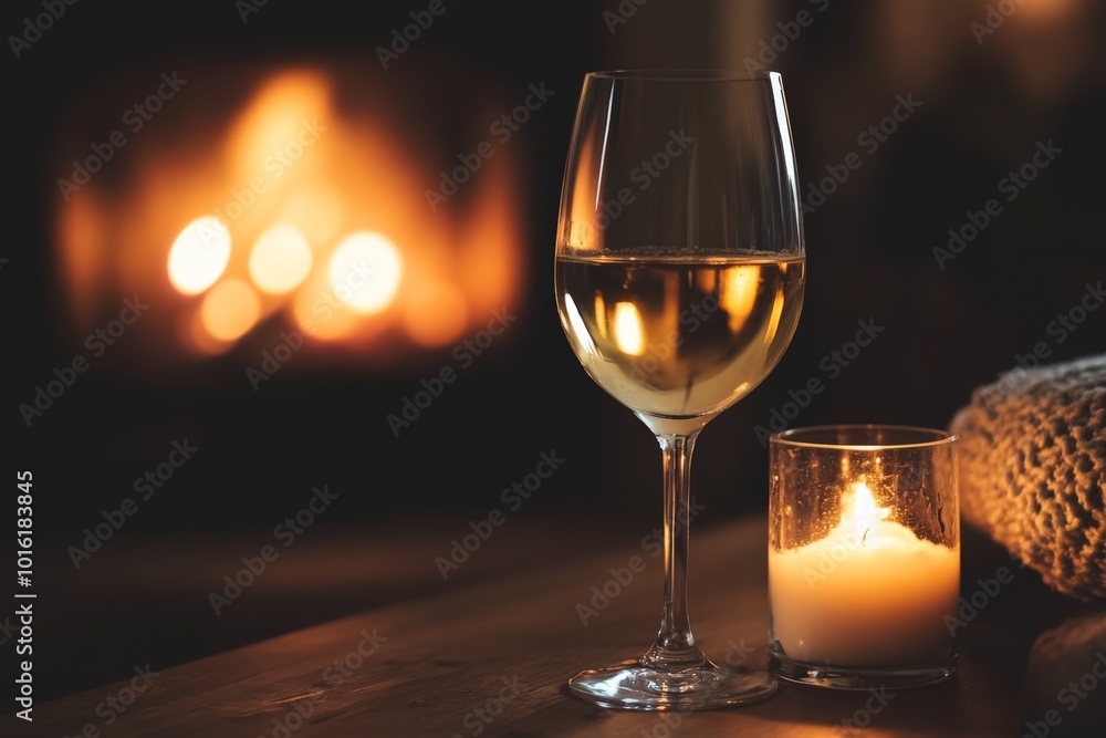 Aufkleber a gentle scene with a glass of white wine beside a candle, set before a warm and inviting fireplace,