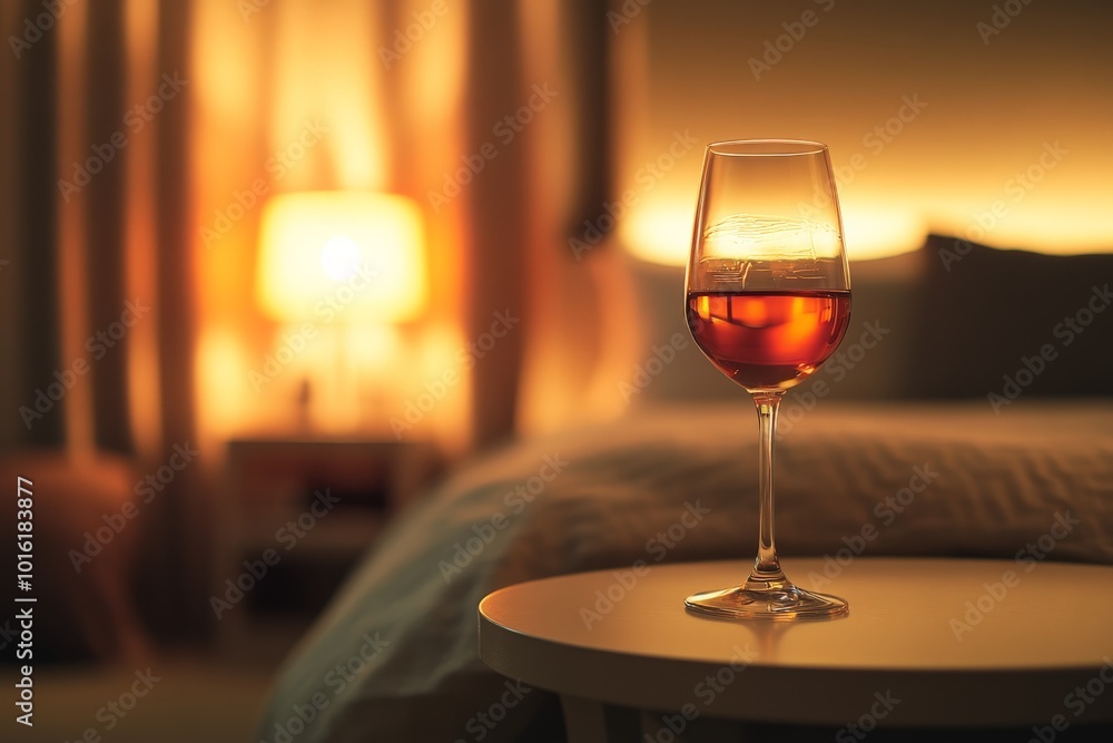 Poster a glass of wine stands elegantly on a small round table beside a neatly made bed, softly illuminated