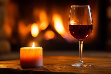 A serene scene featuring a glass of red wine and a glowing candle on a wooden surface, set against a cozy fireplace backdrop, evoking warmth and relaxation.