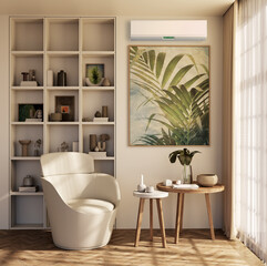 large luxury modern bright interiors living room with air conditioning mockup illustration 3D rendering
