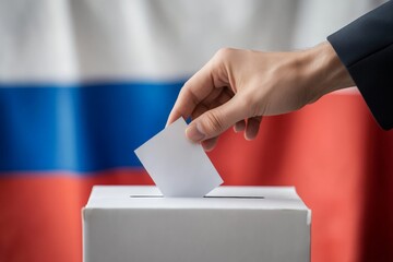 A hand is shown casting a vote into a white ballot box against a backdrop of a flag, symbolizing the act of democratic participation and civic duty.