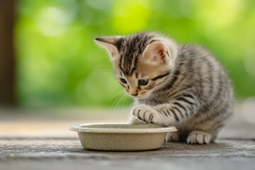 A striped young kitten reaches out to a delicate porcelain dish on the ground within a lush garden filled with vibrant green foliage, a playful youthful moment.