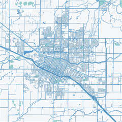 Map of Merced in California in a professional blue style. Contains layered vector with roads water, parks, etc.