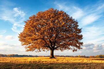 Obraz premium A grand oak tree with fiery autumn leaves stands singularly on an open field against a dynamic blue sky, illuminated by warm sunlight, capturing nature's majesty.