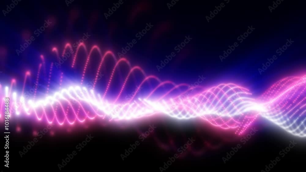 Poster vibrant pink and purple light waves pulse across a dark background, creating a futuristic and dynami