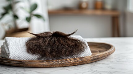 Cut Hair on White Towel in Wooden Tray