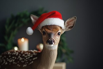 A cute fawn with a Santa hat sits adorably in front of a festive background, evoking a warm and cheerful holiday spirit with candles and greenery around.