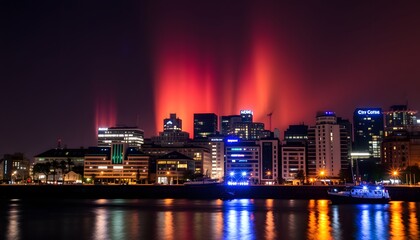 Obraz premium northern lights in a vibrant orange aurora borealis sky over silhouetted city