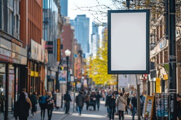 Obraz premium A lively urban street features a blank sign suspended, surrounded by a bustling crowd, colorful storefronts, and tall buildings, depicting a commercial-centric environment.