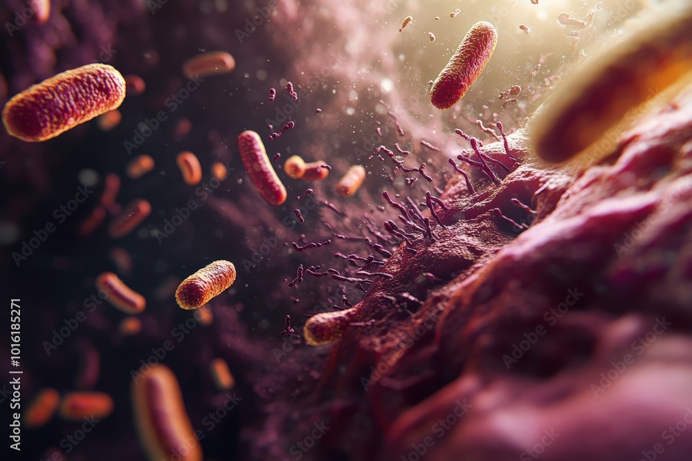 Poster observed from a close-up perspective, rod-shaped bacteria appear surrounded by organic textures in w