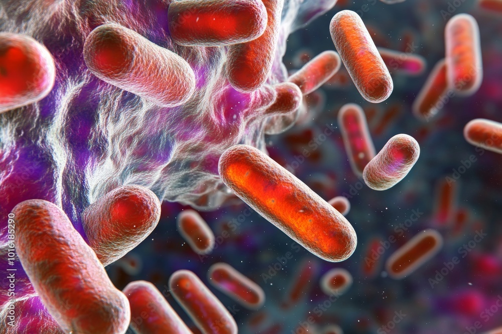 Poster This digital illustration showcases red, rod-shaped microorganisms floating freely in a dark and textured environment, emphasizing their vivid color and distinct forms.