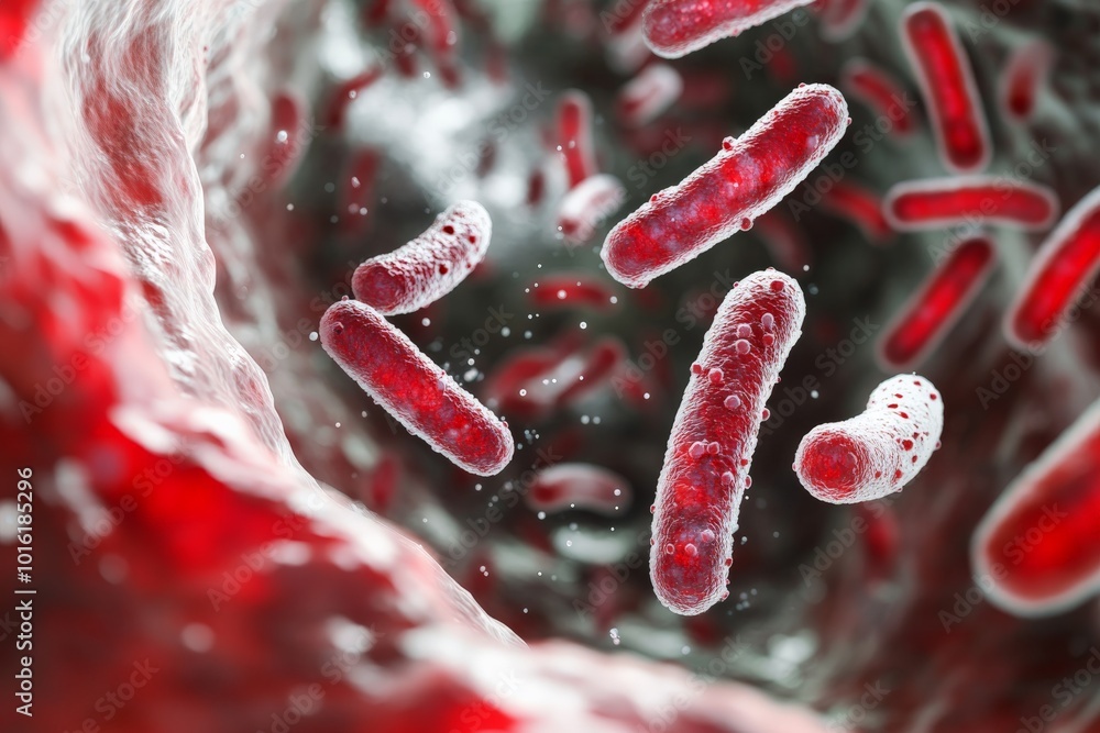Poster Red bacterial cells are observed from a microscopic perspective, interacting closely with surrounding textured organic elements, emphasizing depth and complexity.