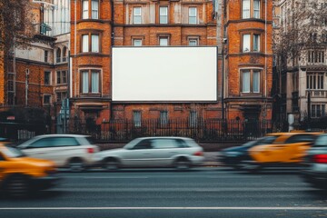 Fototapeta premium A large, empty billboard dominates the facade of a historical brick building, providing ample space for advertisements in a vibrant city setting with constant traffic.
