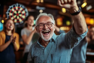 A cheerful senior man raises a triumphant fist amidst an excited crowd at a sports bar. Laughter and applause create a vibrant and inclusive environment.