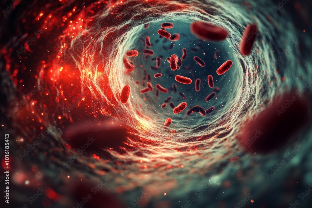 Poster Illustration of dynamic red bacteria floating in a glowing tunnel-like structure, representing microscopic life and scientific exploration concepts visually.