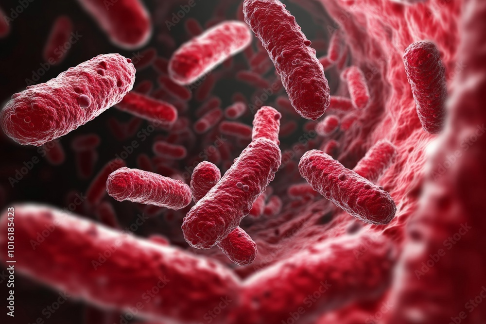Poster A close-up illustration displaying clusters of tubular red bacteria floating against a red background, illustrating microscopic life and biological complexity.