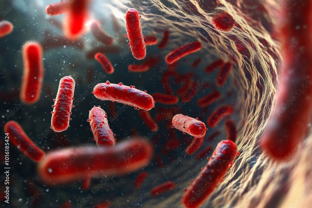 Poster Visualization of red bacteria flowing through an illuminated tubular artery-like structure, capturing health implications and scientific research within art.