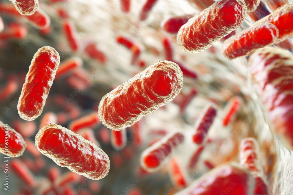 Poster Realistic artistic illustration of red bacteria floating in a lit environment, capturing the essence of cellular activity and scientific exploration in a vivid way.