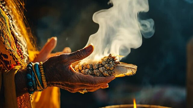 A Native American elder performing a smudging ritual to cleanse a sacred space, with smoke rising from a smudge stick