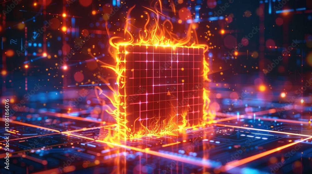 Aufkleber a glowing firewall icon represented by a burning digital wall on a background of a neon-blue network